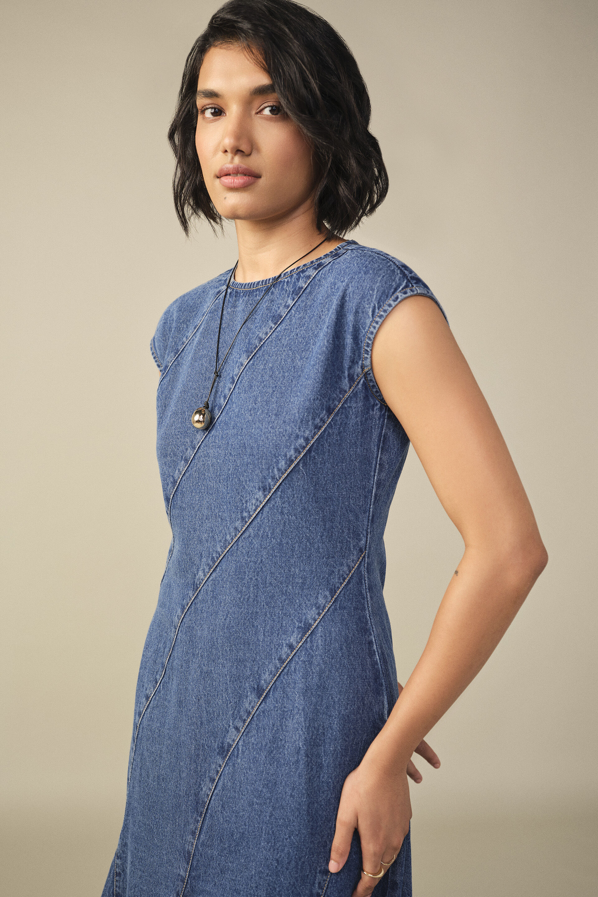 Godet Denim Dress in Blue, Blue, image 3